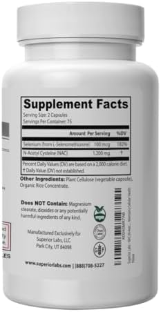 Superior Labs NAC (N-Acetil Cisteína) 1,200mg, 150 Cápsulas Vegetales, Suplemento Dietético con Selenio, Protección contra Radicales Libres, Función - imagen 3