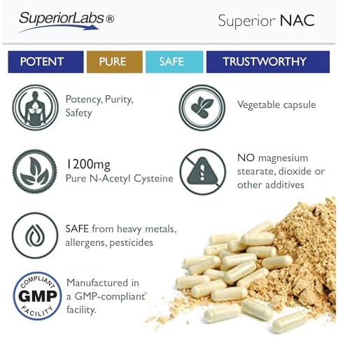 Superior Labs NAC (N-Acetil Cisteína) 1,200mg, 150 Cápsulas Vegetales, Suplemento Dietético con Selenio, Protección contra Radicales Libres, Función - imagen 4