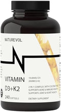 NATUREVOL Vitamina D3 + K2 con Aceite de Coco - D3 10,000 UI y K2 (MK-7) 200 mcg | Soporte Potente para Huesos e Inmunidad | 240 Softgels Sin OGM, - imagen 1