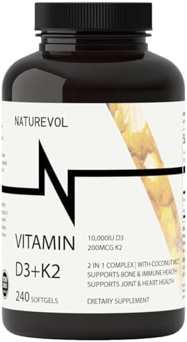 NATUREVOL Vitamina D3 + K2 con Aceite de Coco - D3 10,000 UI y K2 (MK-7) 200 mcg | Soporte Potente para Huesos e Inmunidad | 240 Softgels Sin OGM, - imagen 1