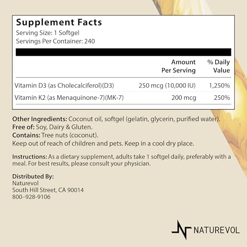 NATUREVOL Vitamina D3 + K2 con Aceite de Coco - D3 10,000 UI y K2 (MK-7) 200 mcg | Soporte Potente para Huesos e Inmunidad | 240 Softgels Sin OGM, - imagen 2
