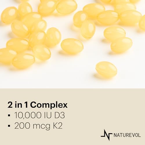 NATUREVOL Vitamina D3 + K2 con Aceite de Coco - D3 10,000 UI y K2 (MK-7) 200 mcg | Soporte Potente para Huesos e Inmunidad | 240 Softgels Sin OGM, - imagen 3