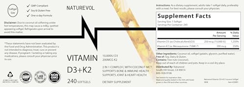 NATUREVOL Vitamina D3 + K2 con Aceite de Coco - D3 10,000 UI y K2 (MK-7) 200 mcg | Soporte Potente para Huesos e Inmunidad | 240 Softgels Sin OGM, - imagen 7