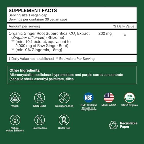 Suplemento Orgánico de Jengibre TRAVELSANA | 200mg de Extracto de Raíz de Jengibre (10:1) y 9% de Gingeroles (18mg) por Cápsula | Apoya la Comodidad - imagen 2