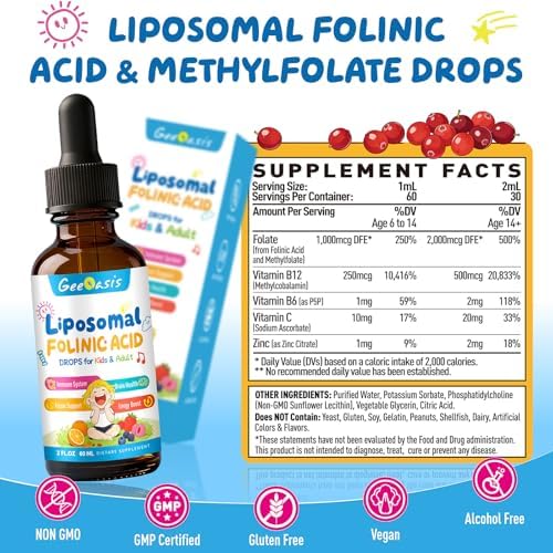 Gotas de Ácido Folínico Líquido y Metilfolato para Niños, Suplemento de Ácido Fólico con B12 Metilada para Mujeres, con Citrato de Zinc, Vitamina B6 - imagen 2