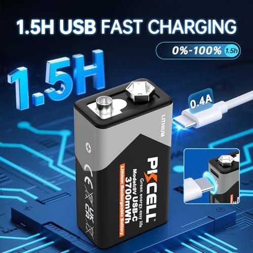 Baterías Recargables PKCELL 9V 4-Pack, 3700mWh, Batería de Litio USB-C, Ideal para Detectores de Humo, Carga Rápida en 1.5 Horas (Cable de Carga No - imagen 3