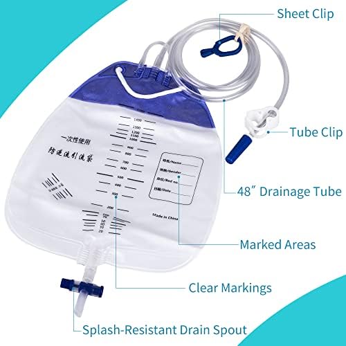 Paquete de 10 Bolsas de Orina con Tubo de Drenaje de 48, Bolsa de Drenaje Urinario de 1500mL con Cámara Antirretorno y Pitorro Resistente a - imagen 2