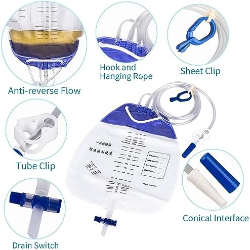 Paquete de 10 Bolsas de Orina con Tubo de Drenaje de 48, Bolsa de Drenaje Urinario de 1500mL con Cámara Antirretorno y Pitorro Resistente a - imagen 3