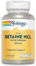 SOLARAY Betaína Vegana HCL con Pepsina - Suplemento de Ácido Clorhídrico para la Salud Digestiva - 90 VegCaps con Enzimas Digestivas - Apoyo para el - imagen 1