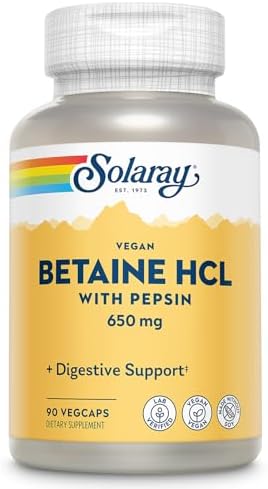 SOLARAY Betaína Vegana HCL con Pepsina - Suplemento de Ácido Clorhídrico para la Salud Digestiva - 90 VegCaps con Enzimas Digestivas - Apoyo para el - imagen 1