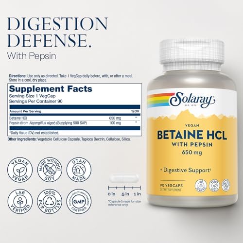 SOLARAY Betaína Vegana HCL con Pepsina - Suplemento de Ácido Clorhídrico para la Salud Digestiva - 90 VegCaps con Enzimas Digestivas - Apoyo para el - imagen 2