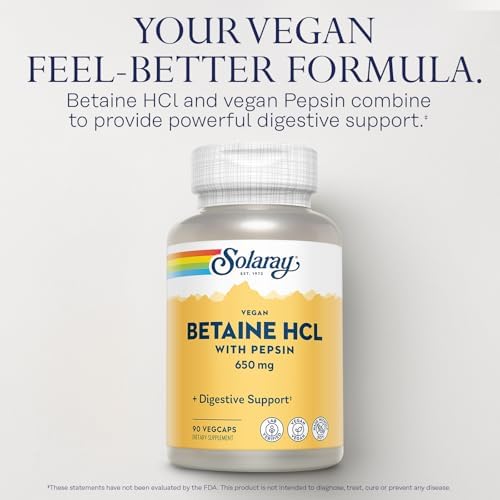 SOLARAY Betaína Vegana HCL con Pepsina - Suplemento de Ácido Clorhídrico para la Salud Digestiva - 90 VegCaps con Enzimas Digestivas - Apoyo para el - imagen 3