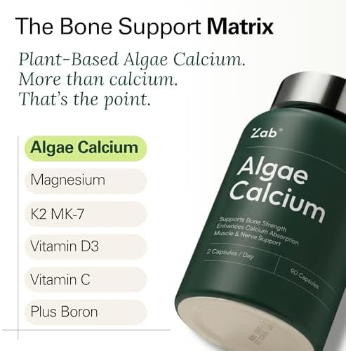 Suplemento de Algas de Calcio ZAB a Base de Plantas, con Vitamina D3 y K2 MK7, Complejo de Magnesio y Calcio para la Salud Ósea Diaria, 90 Cápsulas, - imagen 2