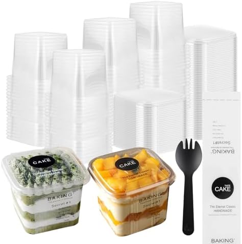 JMIATRY 100 Piezas de Vasos Plásticos Cuadrados Desechables de 12 oz con Tapa y Cucharas, Vasos para Postres Tiramisu, Mousse, Yogur y Fruta - imagen 1
