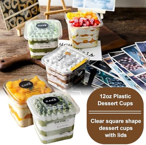 JMIATRY 100 Piezas de Vasos Plásticos Cuadrados Desechables de 12 oz con Tapa y Cucharas, Vasos para Postres Tiramisu, Mousse, Yogur y Fruta - imagen 3
