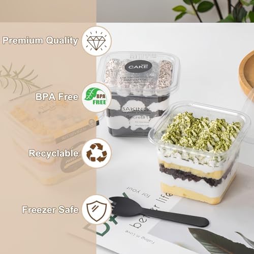 JMIATRY 100 Piezas de Vasos Plásticos Cuadrados Desechables de 12 oz con Tapa y Cucharas, Vasos para Postres Tiramisu, Mousse, Yogur y Fruta - imagen 4