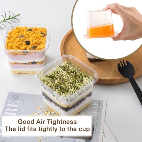 JMIATRY 100 Piezas de Vasos Plásticos Cuadrados Desechables de 12 oz con Tapa y Cucharas, Vasos para Postres Tiramisu, Mousse, Yogur y Fruta - imagen 5