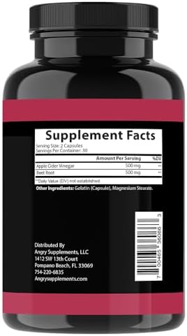 Cápsulas de Vinagre de Sidra de Manzana y Polvo de Remolacha Angry Supplements, 1000mg por Porción, 60ct, Paquete de 2 (Total 120ct) - imagen 5