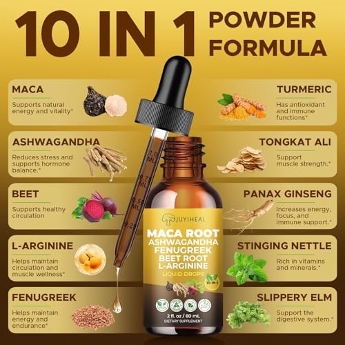 Gotas Líquidas de Raíz de Maca JUYIHEAL 10 en 1, con Ashwagandha, Ortiga, Fenogreco, Remolacha y L-Arginina - Suplemento de Maca para Bienestar - imagen 3
