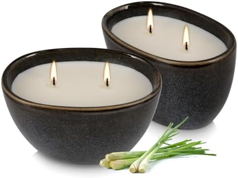 Juego de 2 Velas de Cerámica Negra con Aroma a Citronela – Mecha Doble, Cera 100% Natural, Diseño Geométrico Decorativo para Ambientes Interiores y - imagen 1