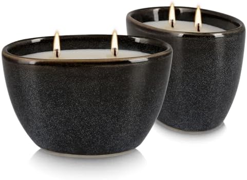 Juego de 2 Velas de Cerámica Negra con Aroma a Citronela – Mecha Doble, Cera 100% Natural, Diseño Geométrico Decorativo para Ambientes Interiores y - imagen 2
