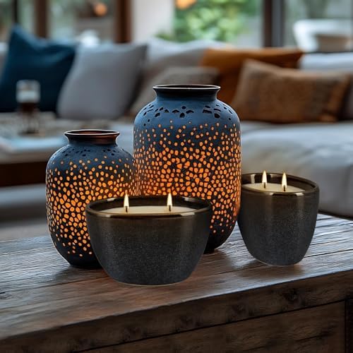 Juego de 2 Velas de Cerámica Negra con Aroma a Citronela – Mecha Doble, Cera 100% Natural, Diseño Geométrico Decorativo para Ambientes Interiores y - imagen 7