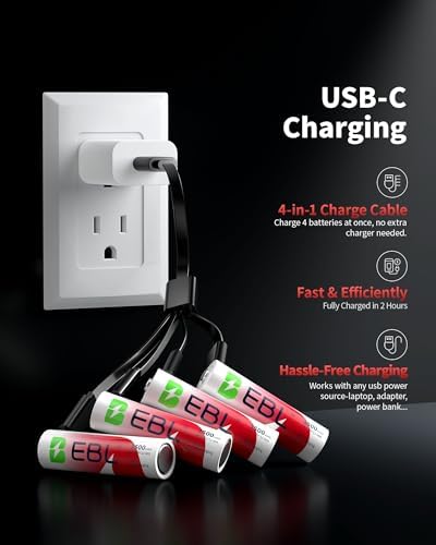Baterías Recargables EBL AA de Litio 3500mWh, Paquete de 4, 1.5V, 1600+ Ciclos, Carga Rápida 2H con Cable USB-C - imagen 2