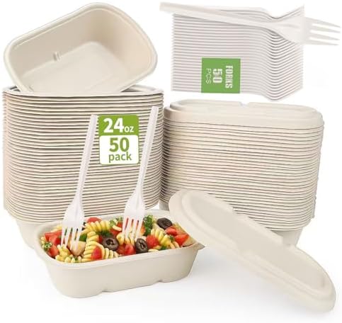 Contenedores desechables para comida SharpRealm de 24 oz con tapas, paquete de 50, cajas para llevar de pulpa de caña de azúcar, biodegradables y - imagen 1