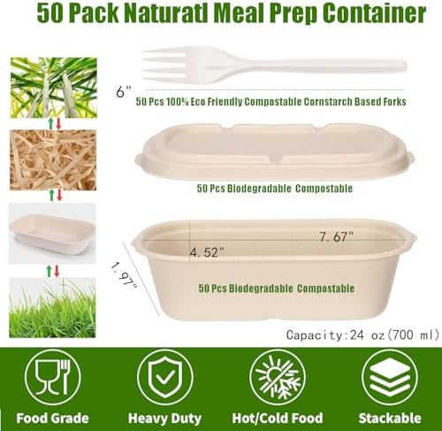 Contenedores desechables para comida SharpRealm de 24 oz con tapas, paquete de 50, cajas para llevar de pulpa de caña de azúcar, biodegradables y - imagen 2