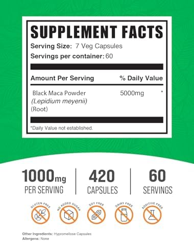 Cápsulas de Raíz de Maca Negra BulkSupplements.com - Suplemento de Maca Negra 5000mg, 420 Cápsulas Veganas, Sin Gluten, 7 Cápsulas por Porción - imagen 2