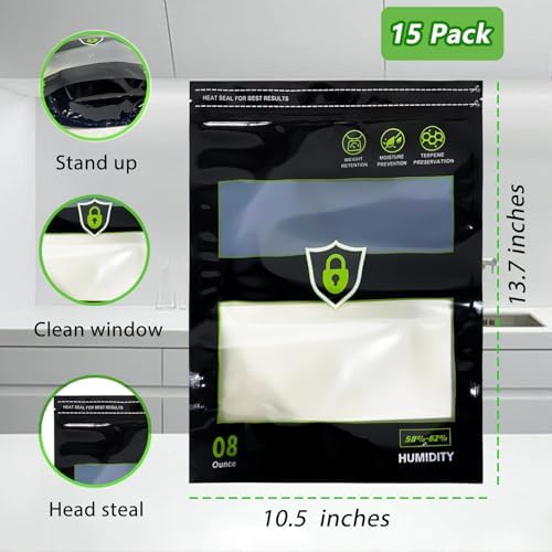 Bolsas de Almacenamiento Samvitral de 15 Pcs 1/2 LB, Control de Humedad 2 Vías, 58%-62% RH, Reutilizables, 8 oz, Color Negro - imagen 2