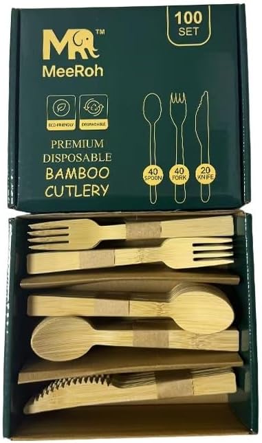 Set de Cubiertos Desechables de Bambú 100% Ecológicos MeeRoh - 100 Piezas - Utensilios de Madera Resistentes - Elegante Cubiertos Compostables y - imagen 1