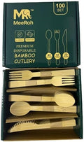 Set de Cubiertos Desechables de Bambú 100% Ecológicos MeeRoh - 100 Piezas - Utensilios de Madera Resistentes - Elegante Cubiertos Compostables y - imagen 1