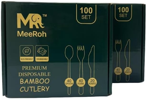 Set de Cubiertos Desechables de Bambú 100% Ecológicos MeeRoh - 100 Piezas - Utensilios de Madera Resistentes - Elegante Cubiertos Compostables y - imagen 2