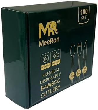 Set de Cubiertos Desechables de Bambú 100% Ecológicos MeeRoh - 100 Piezas - Utensilios de Madera Resistentes - Elegante Cubiertos Compostables y - imagen 3