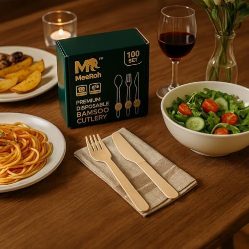 Set de Cubiertos Desechables de Bambú 100% Ecológicos MeeRoh - 100 Piezas - Utensilios de Madera Resistentes - Elegante Cubiertos Compostables y - imagen 5