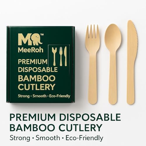 Set de Cubiertos Desechables de Bambú 100% Ecológicos MeeRoh - 100 Piezas - Utensilios de Madera Resistentes - Elegante Cubiertos Compostables y - imagen 6