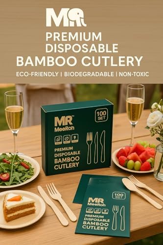 Set de Cubiertos Desechables de Bambú 100% Ecológicos MeeRoh - 100 Piezas - Utensilios de Madera Resistentes - Elegante Cubiertos Compostables y - imagen 7
