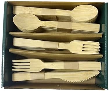 Set de Cubiertos Desechables de Bambú 100% Ecológicos MeeRoh - 100 Piezas - Utensilios de Madera Resistentes - Elegante Cubiertos Compostables y - imagen 8