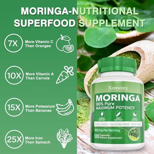 Cápsulas de Moringa Xemenry, Polvo de Moringa Puro - Apoya Energía, Inmunidad y Salud Digestiva - Superalimento Verde con Vitaminas y Aminoácidos - - imagen 5