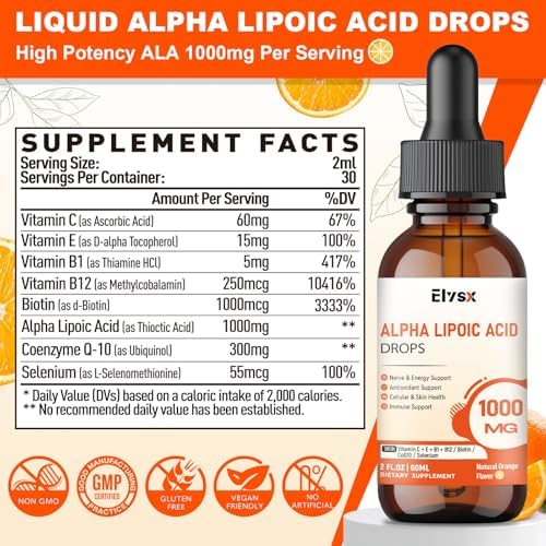 Elysx Gotas Líquidas de Ácido Alfa Lipoico 1000mg, Suplemento ALA para Soporte Nervioso y Antioxidante con Biotina, Sabor Naranja Natural, 2FL OZ - imagen 2