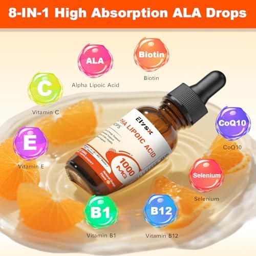Elysx Gotas Líquidas de Ácido Alfa Lipoico 1000mg, Suplemento ALA para Soporte Nervioso y Antioxidante con Biotina, Sabor Naranja Natural, 2FL OZ - imagen 3