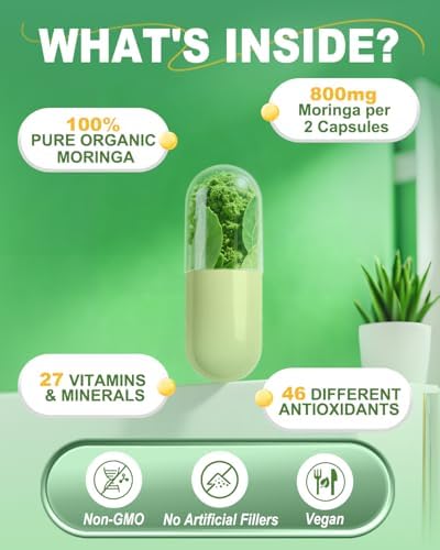 Cápsulas de Moringa 800mg - Suplemento de Polvo de Moringa Puro para Energía, Inmunidad, Piel y Salud Digestiva - Sin Cafeína, No GMO, 60 Cápsulas - imagen 2