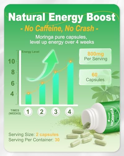 Cápsulas de Moringa 800mg - Suplemento de Polvo de Moringa Puro para Energía, Inmunidad, Piel y Salud Digestiva - Sin Cafeína, No GMO, 60 Cápsulas - imagen 6
