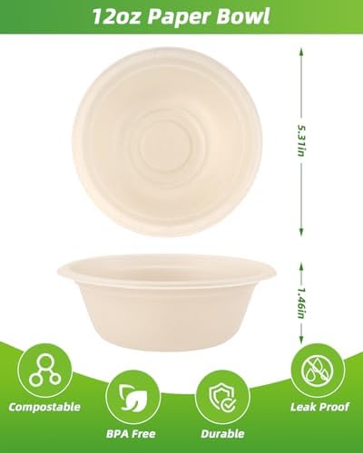 Tazones de Papel Dynta 260 Pcs 12oz Compostables, Desechables Ecológicos para Sopa y Ensalada, Resistente, Ideal para Fiestas y Picnics (Marrón - imagen 2