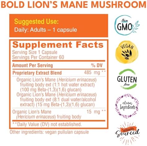 Cápsulas de Suplemento Orgánico de Melena de León Bold Botanica - Extracto Dual 100% del Cuerpo Frutal - 115mg de Beta-Glucanos - Apoyo para el - imagen 2