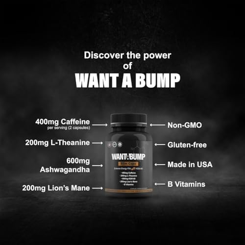 Want A BUMP [Original] Pastillas de Energía Extrema | 400mg de Cafeína | Vitaminas B | 600mg de Ashwagandha | 200mg de Melena de León | 200mg de - imagen 2