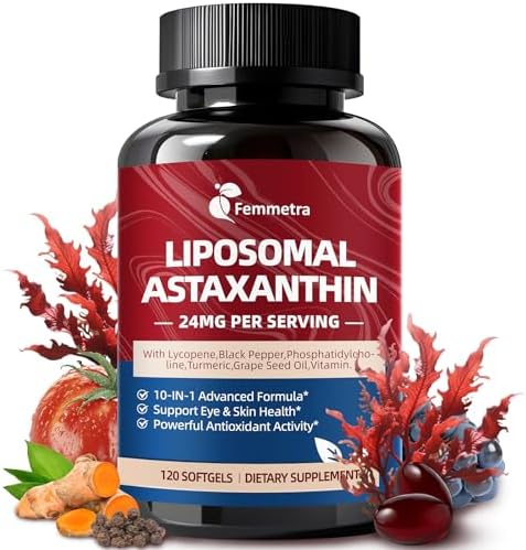 Suplementos de Astaxantina Liposomal Femmetra 24mg con Licopeno para Salud Ocular, de Piel e Inmunidad, Antioxidante 10 en 1, 120 Softgels Non-GMO - imagen 1