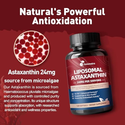 Suplementos de Astaxantina Liposomal Femmetra 24mg con Licopeno para Salud Ocular, de Piel e Inmunidad, Antioxidante 10 en 1, 120 Softgels Non-GMO - imagen 3