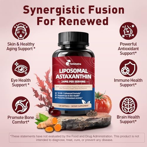 Suplementos de Astaxantina Liposomal Femmetra 24mg con Licopeno para Salud Ocular, de Piel e Inmunidad, Antioxidante 10 en 1, 120 Softgels Non-GMO - imagen 4